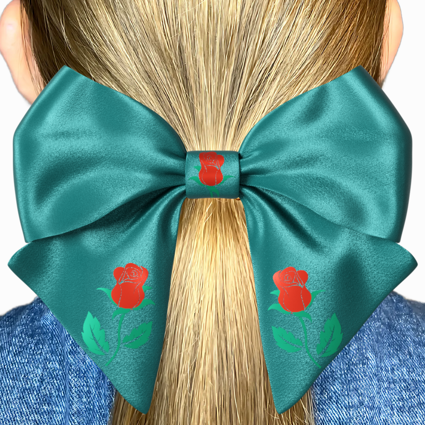 Green Hair Bow clip with Roses and Pearls