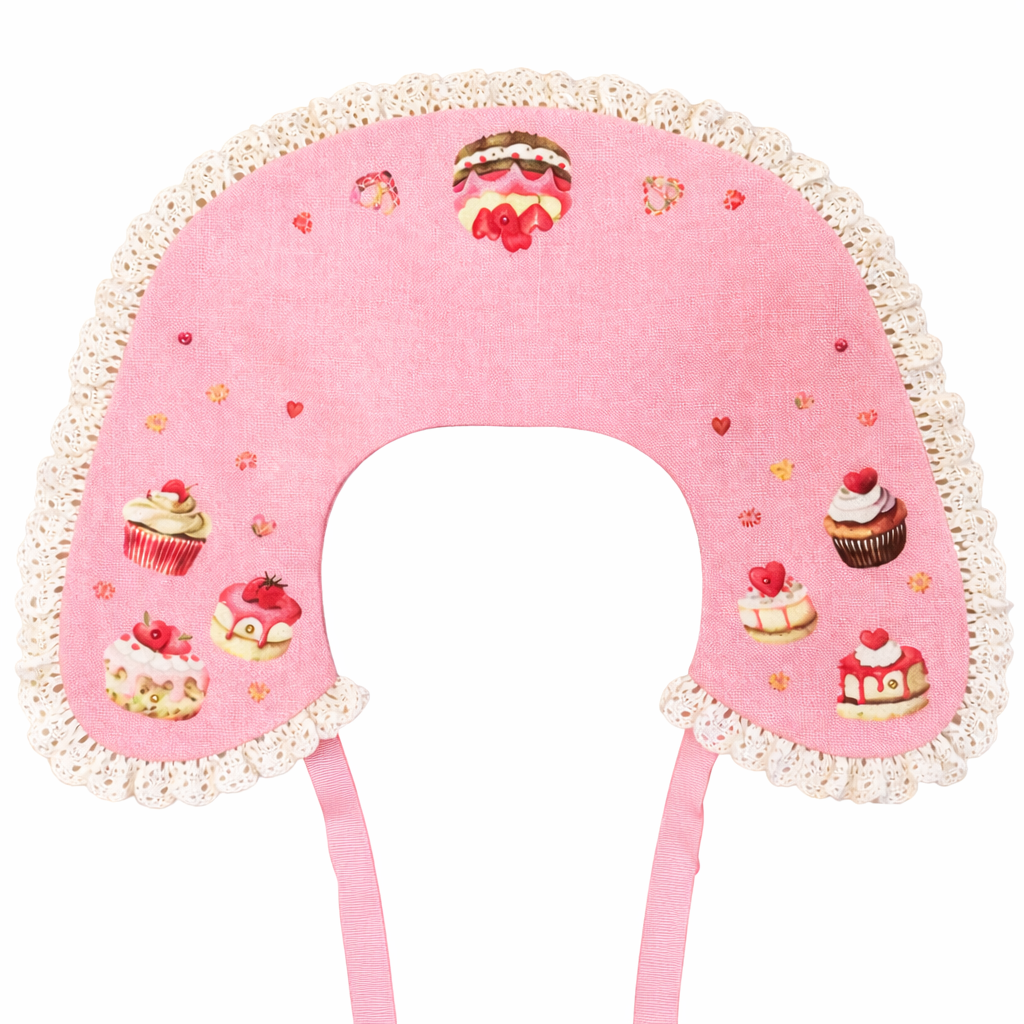 Decorative pink linen collar with lace and an artistic print of Valentine's Day sweets