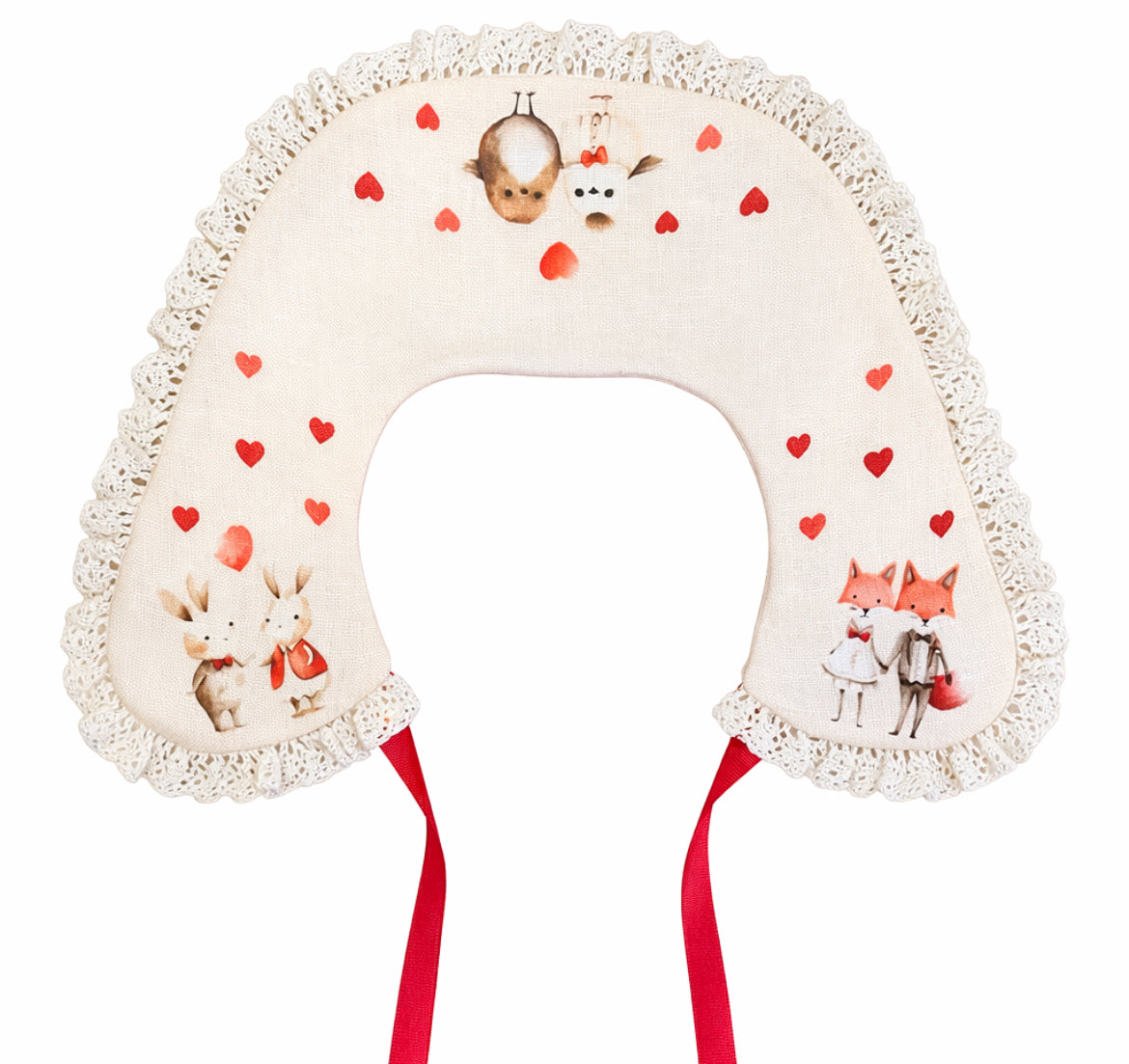Decorative linen collar for girls with lace and romantic Valentine's Day animals