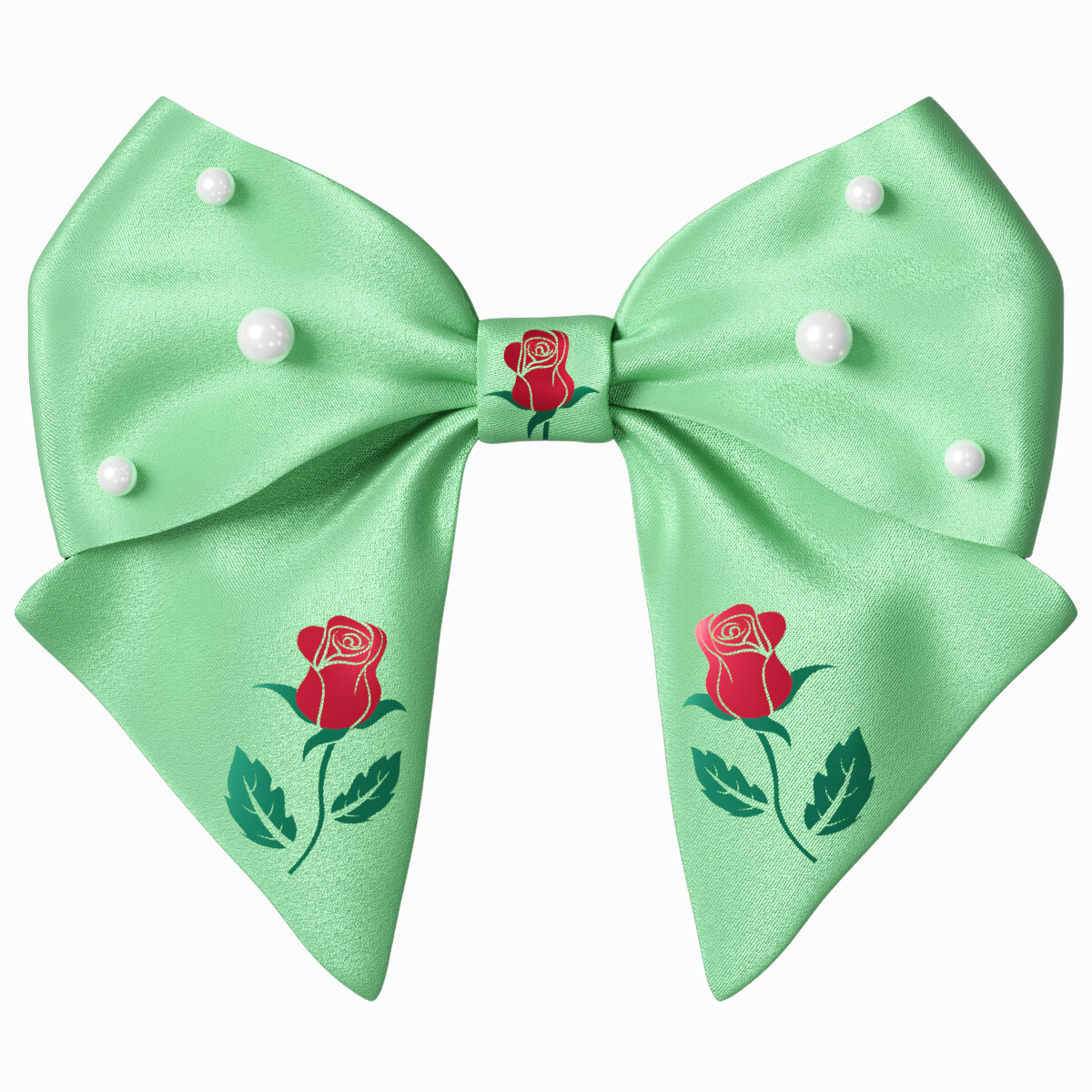 Green Hair Bow clip with Roses and Pearls