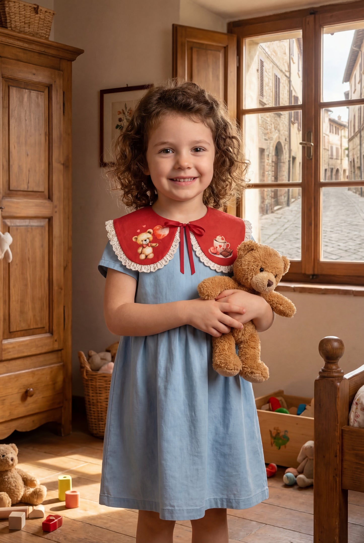 Red linen collar with Valentine's Day teddy bears and hearts
