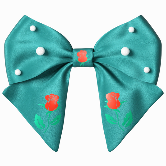 Green Hair Bow clip with Roses and Pearls