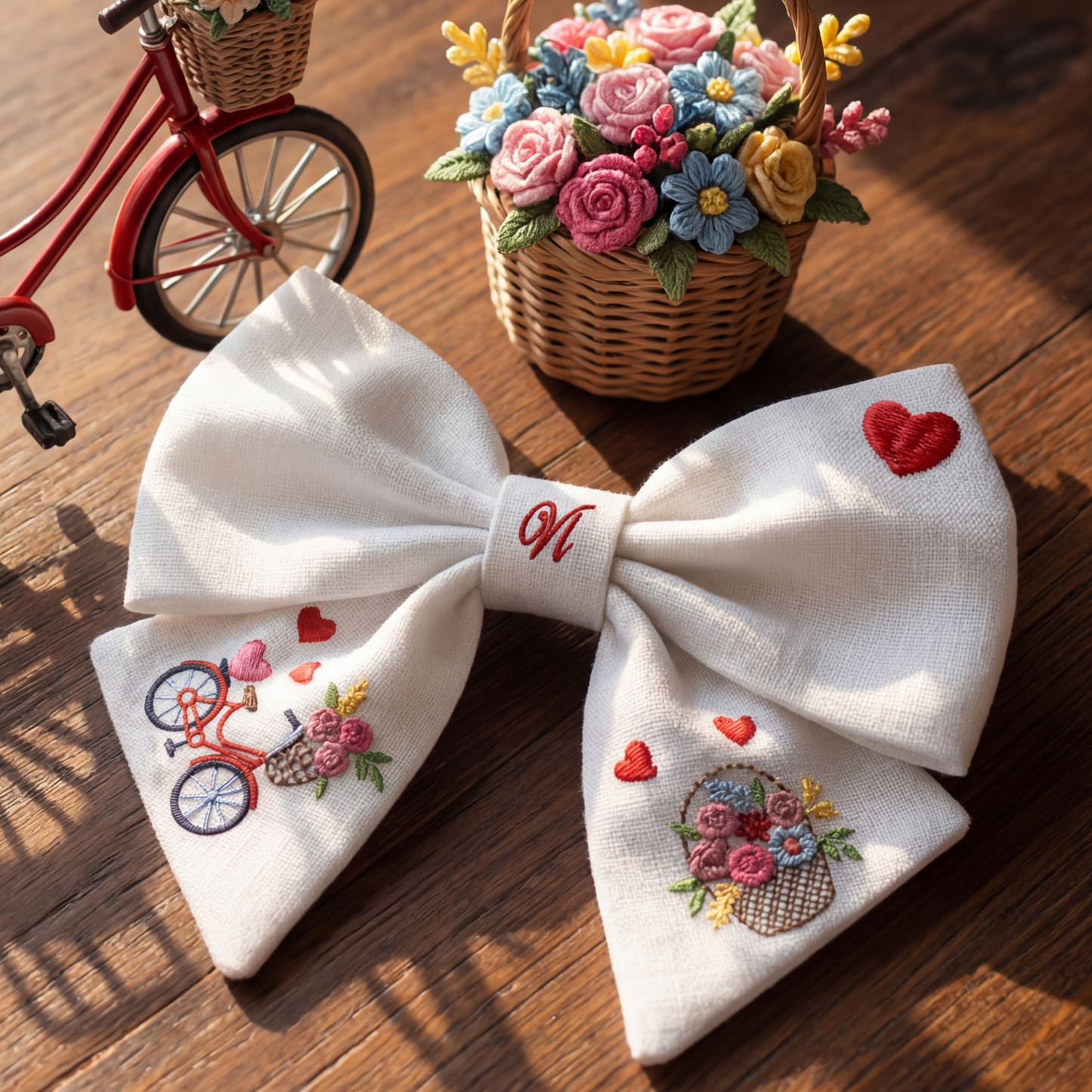 Fiocco in lino con ricamo “Bicicletta e fiori”. Collezione San Valentino