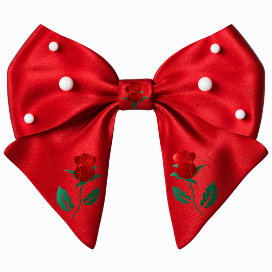 Red Hair Bow clip with Roses and Pearls