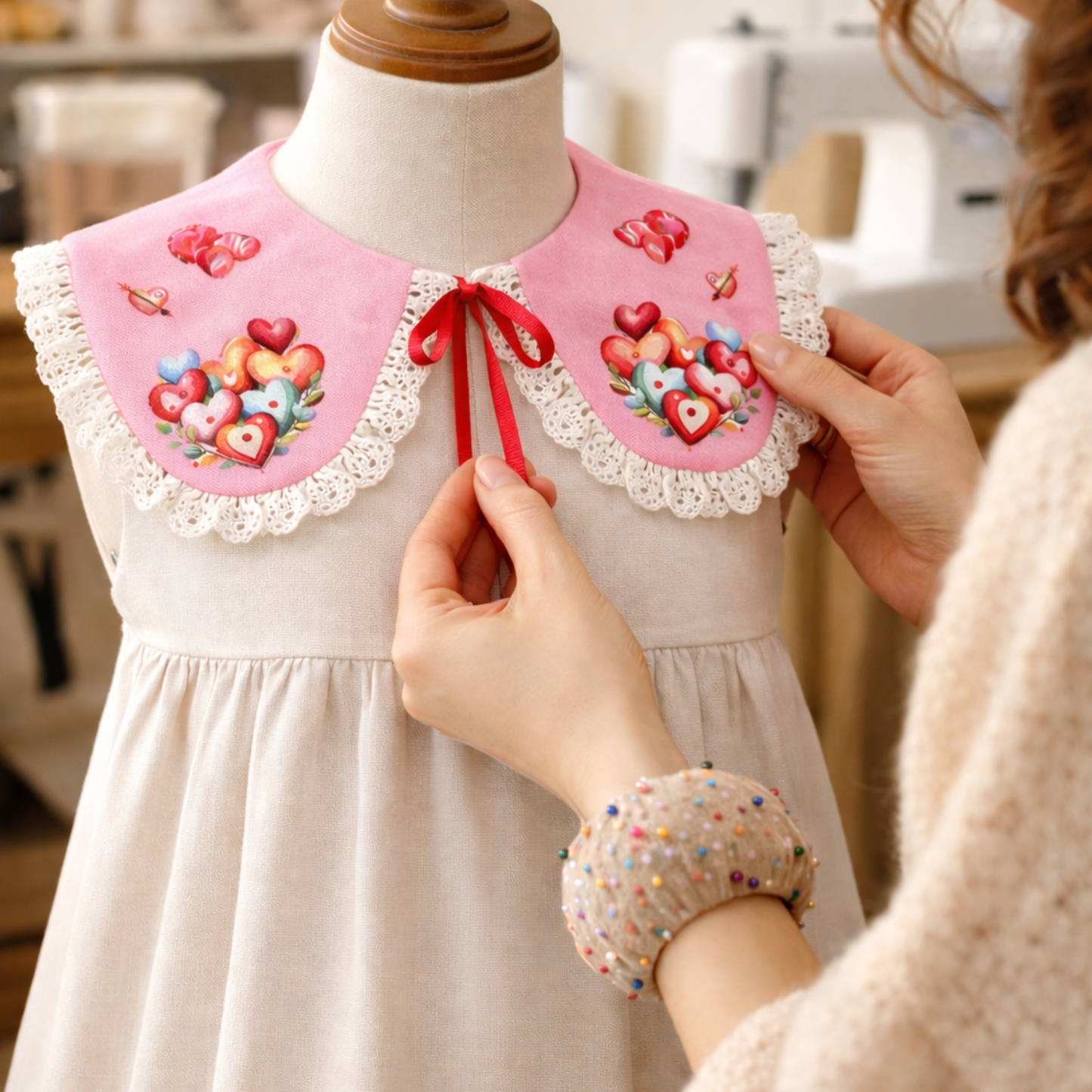 Dekorativer Leinenkragen für Mädchen mit Spitze und Herzmuster. Valentinstag.