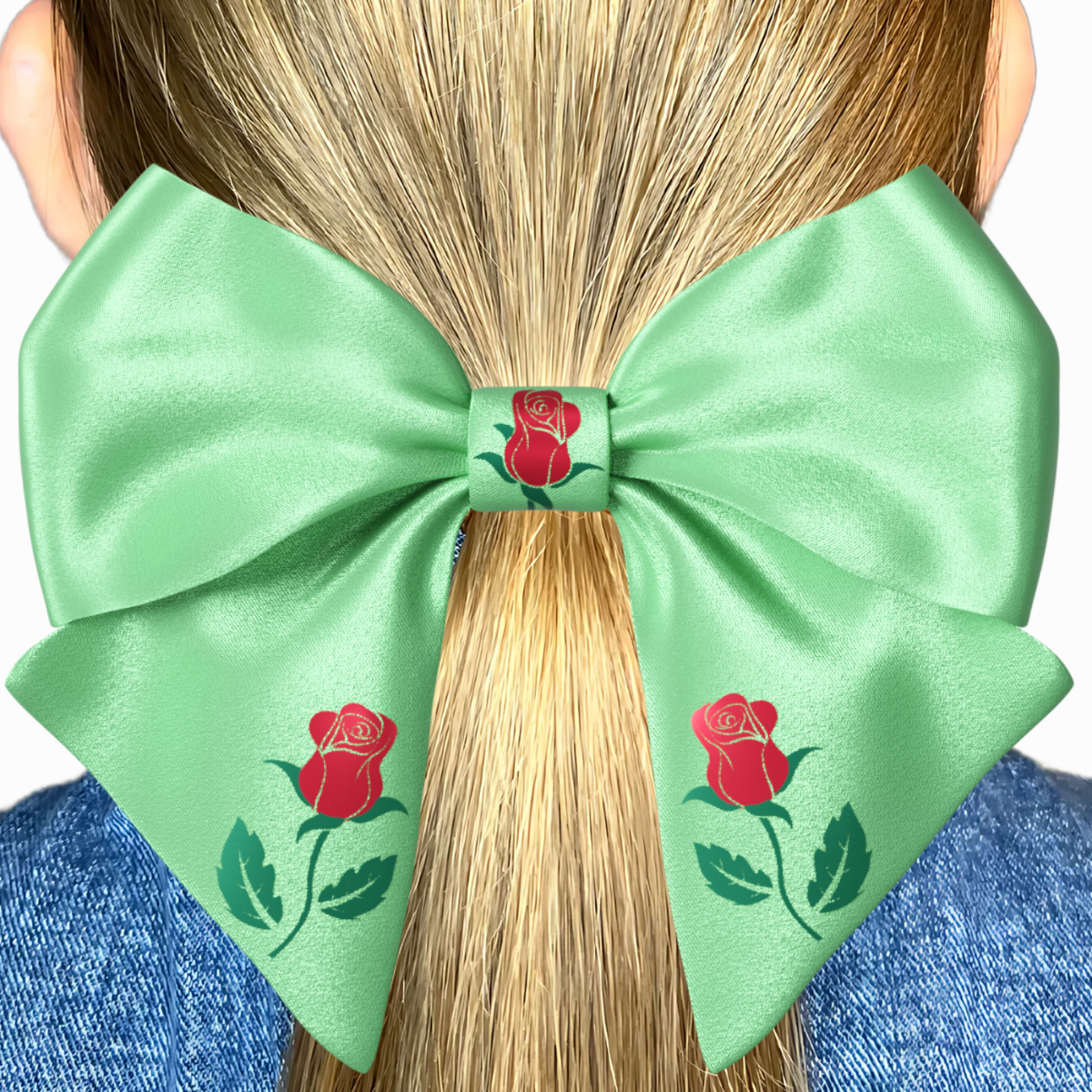 Green Hair Bow clip with Roses and Pearls