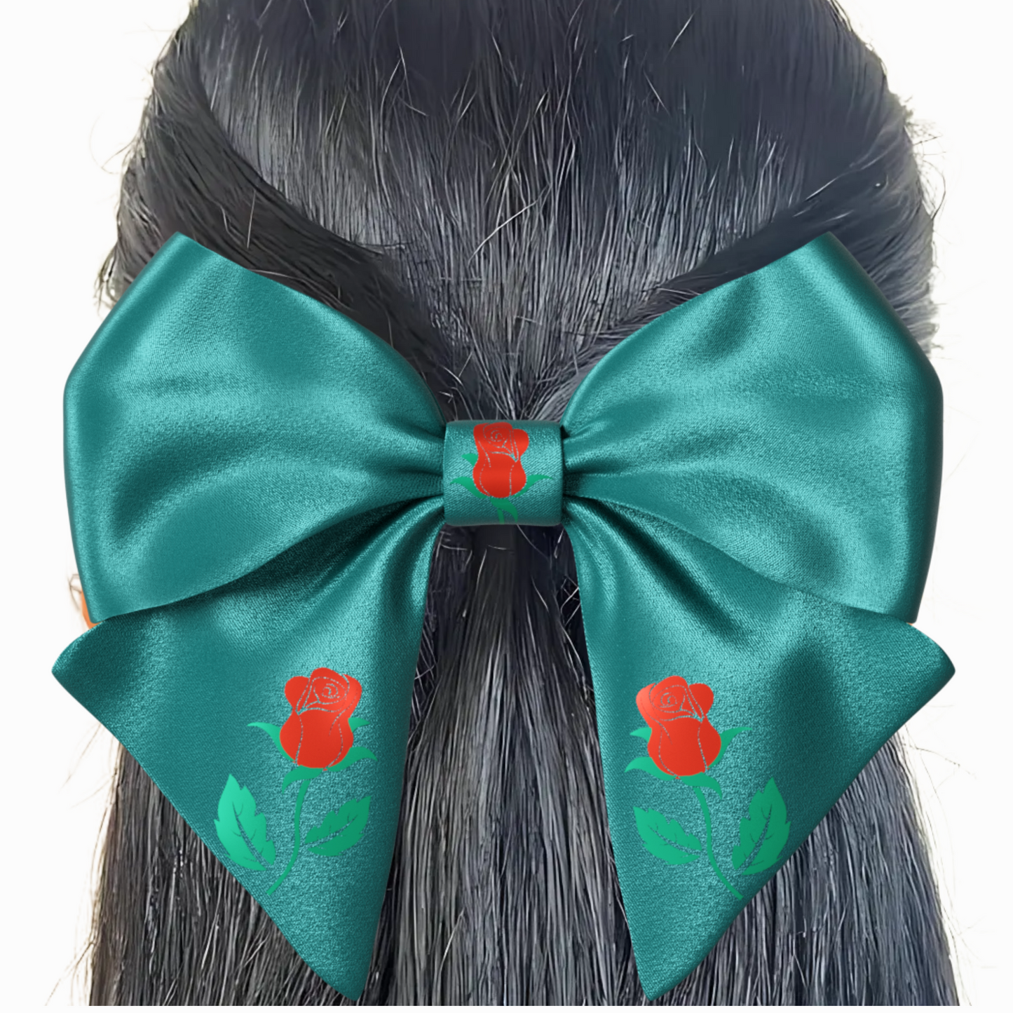 Green Hair Bow clip with Roses and Pearls