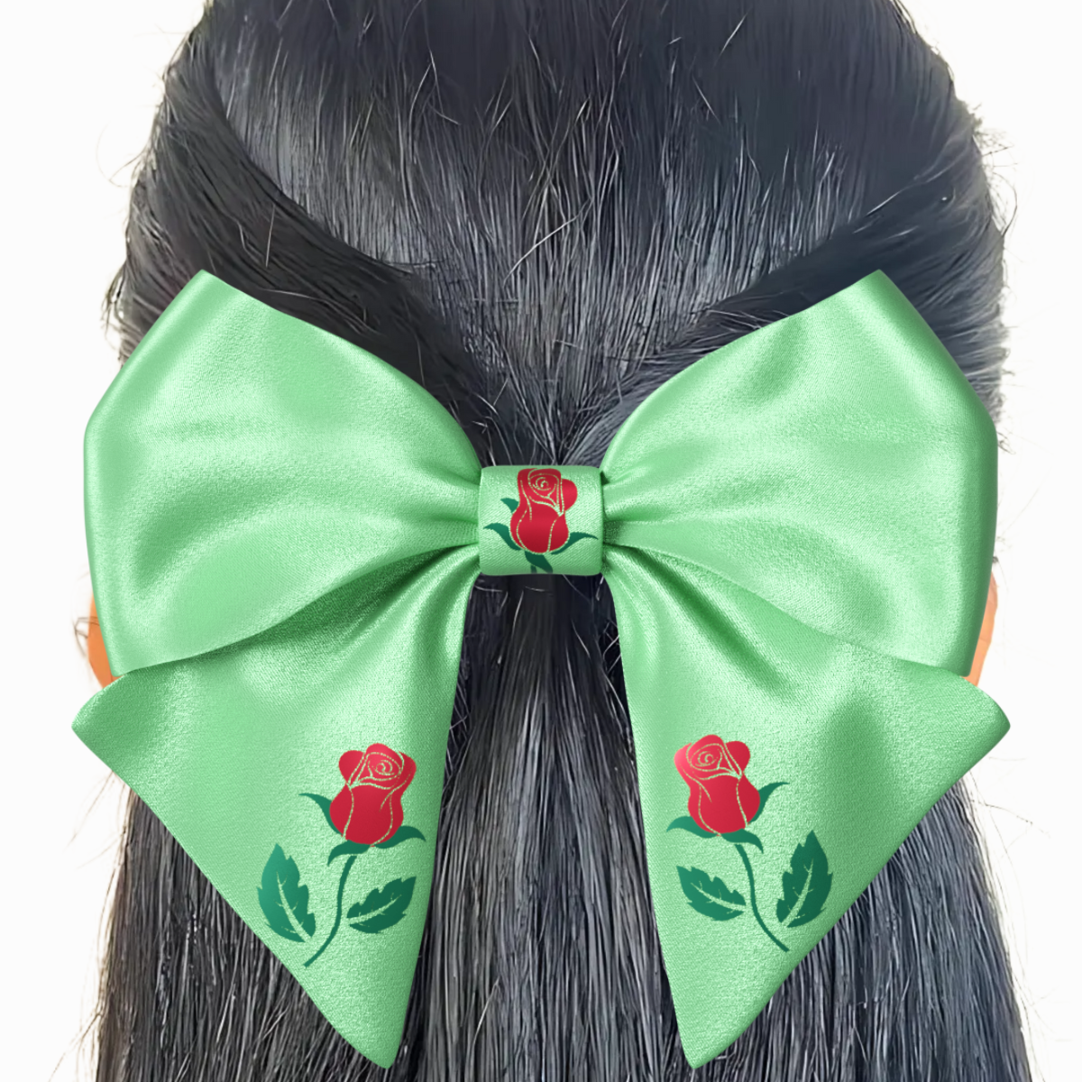 Green Hair Bow clip with Roses and Pearls