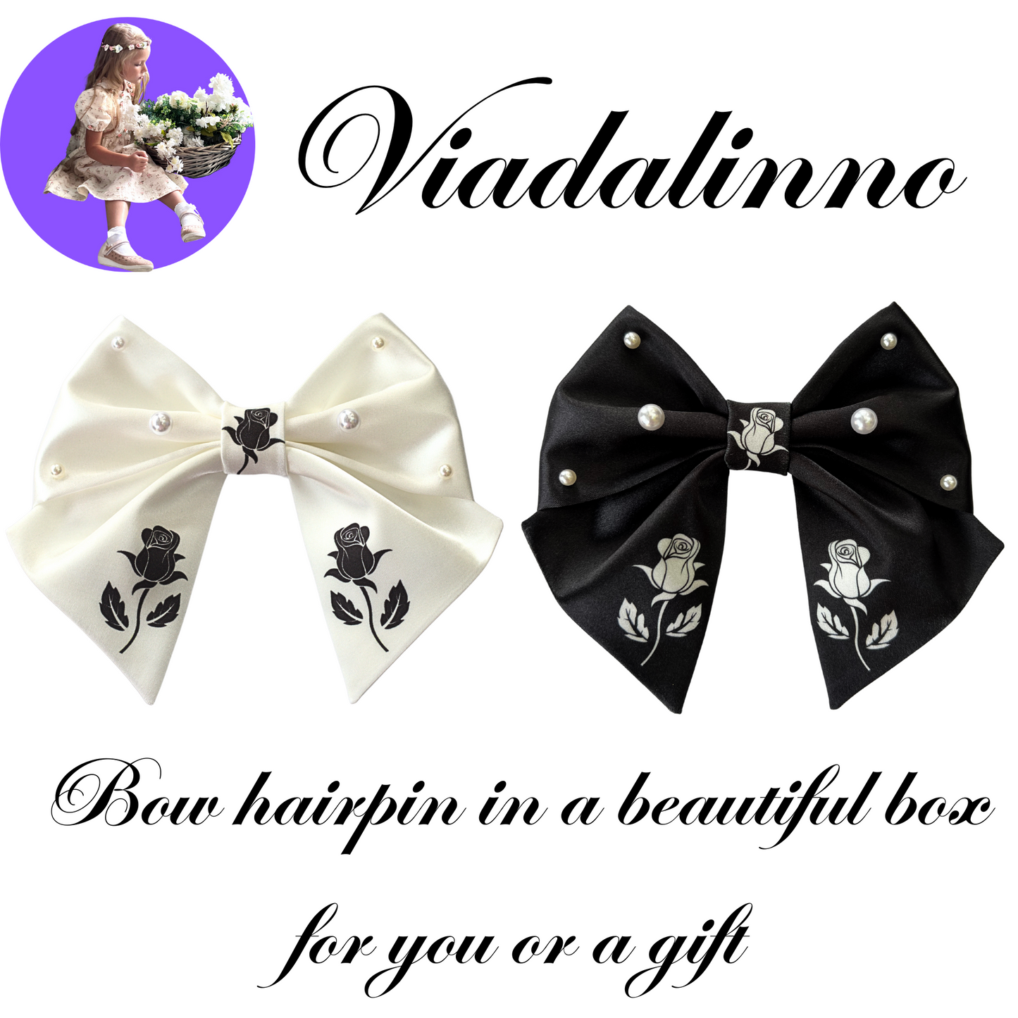 Hair bows Black & White Satin Set