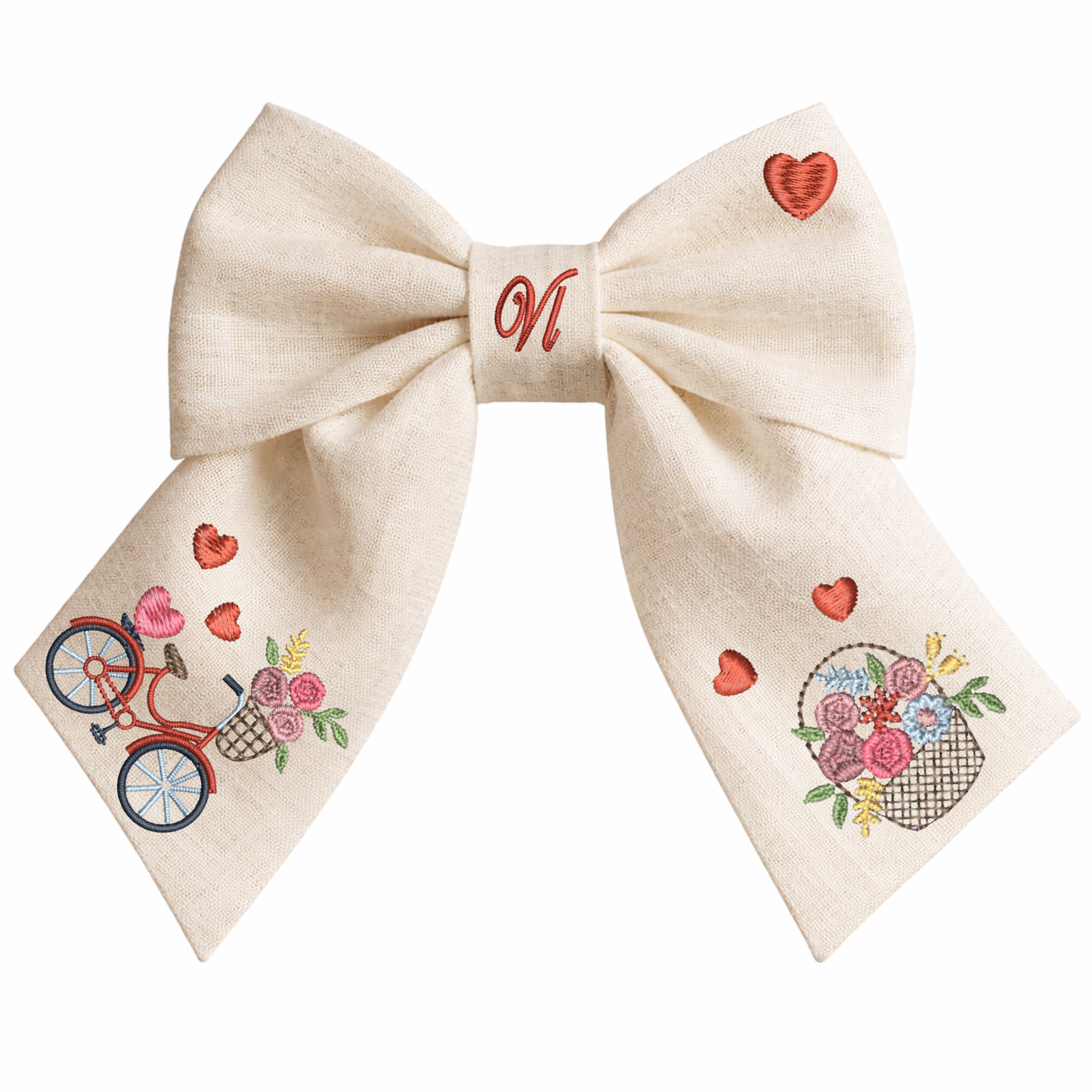Fiocco in lino con ricamo “Bicicletta e fiori”. Collezione San Valentino
