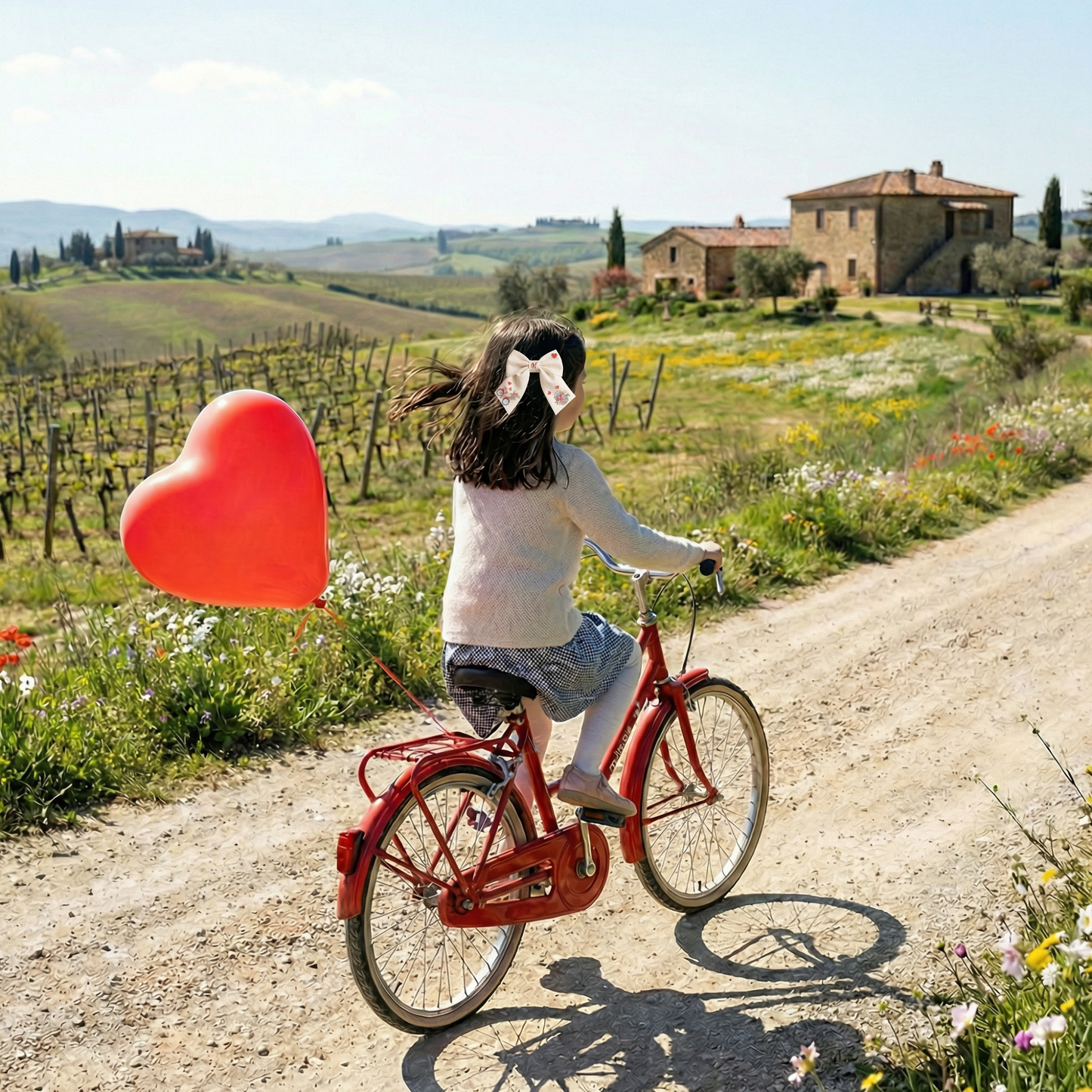 Fiocco in lino con ricamo “Bicicletta e fiori”. Collezione San Valentino