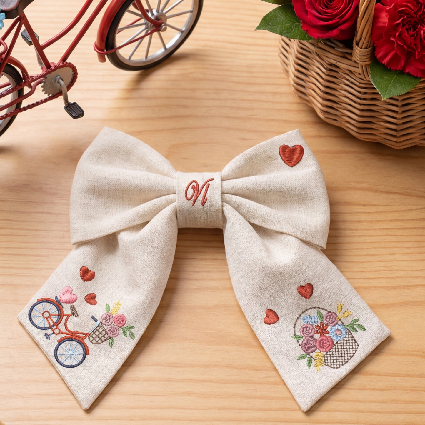 Fiocco in lino con ricamo “Bicicletta e fiori”. Collezione San Valentino