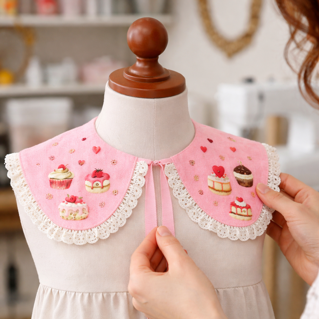 Decorative pink linen collar with lace and an artistic print of Valentine's Day sweets