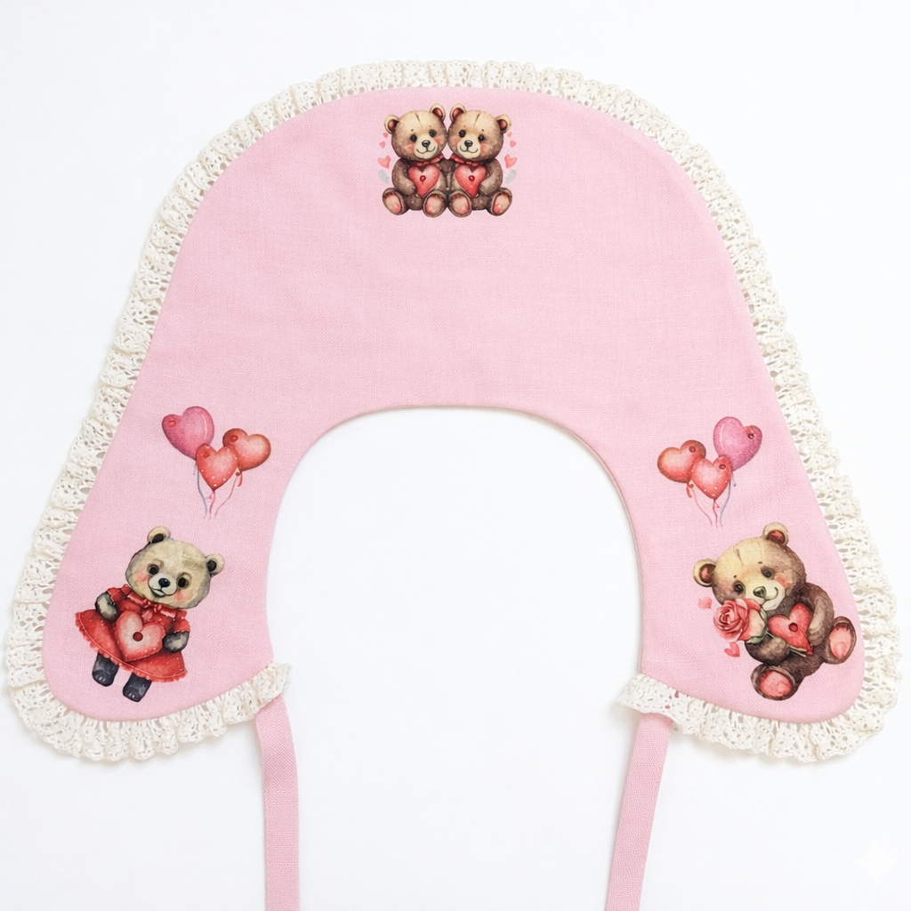 Decorative linen collar for girls with lace and a "Teddy Bear" print. Valentine's Day