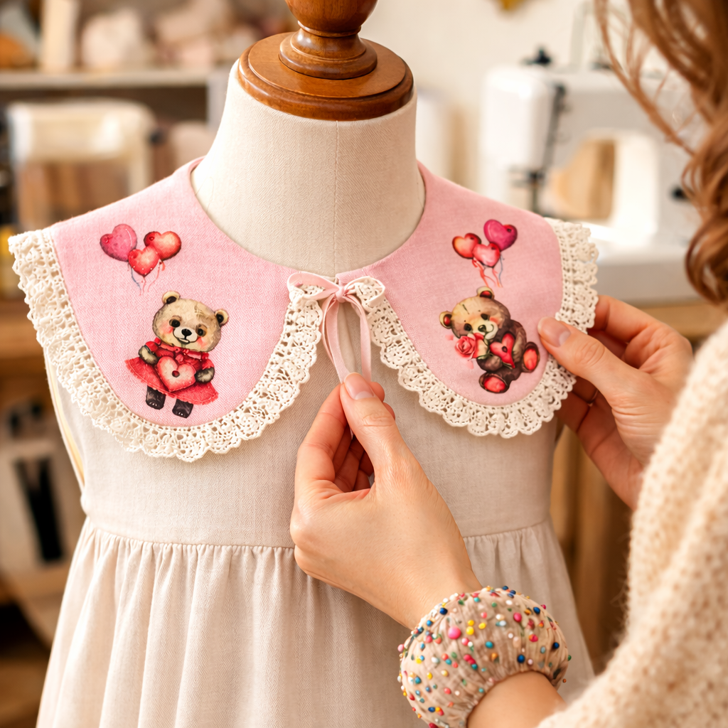 Decorative linen collar for girls with lace and a "Teddy Bear" print. Valentine's Day