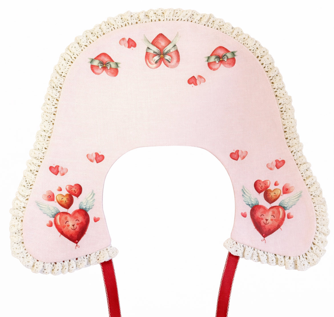 Beige linen decorative collar with lace and romantic Valentine's Day hearts