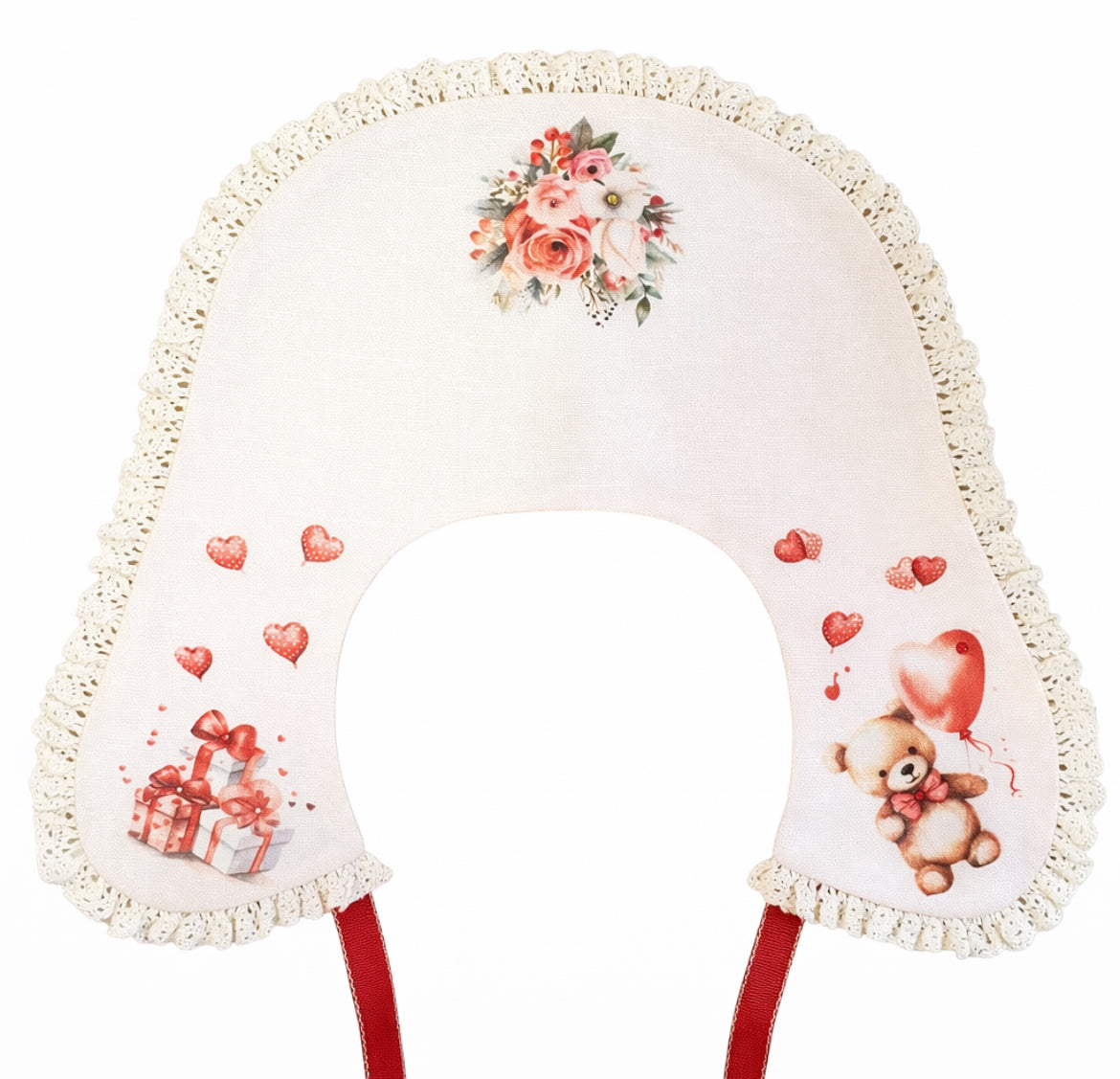Beige linen decorative collar with lace and romantic Valentine's Day print