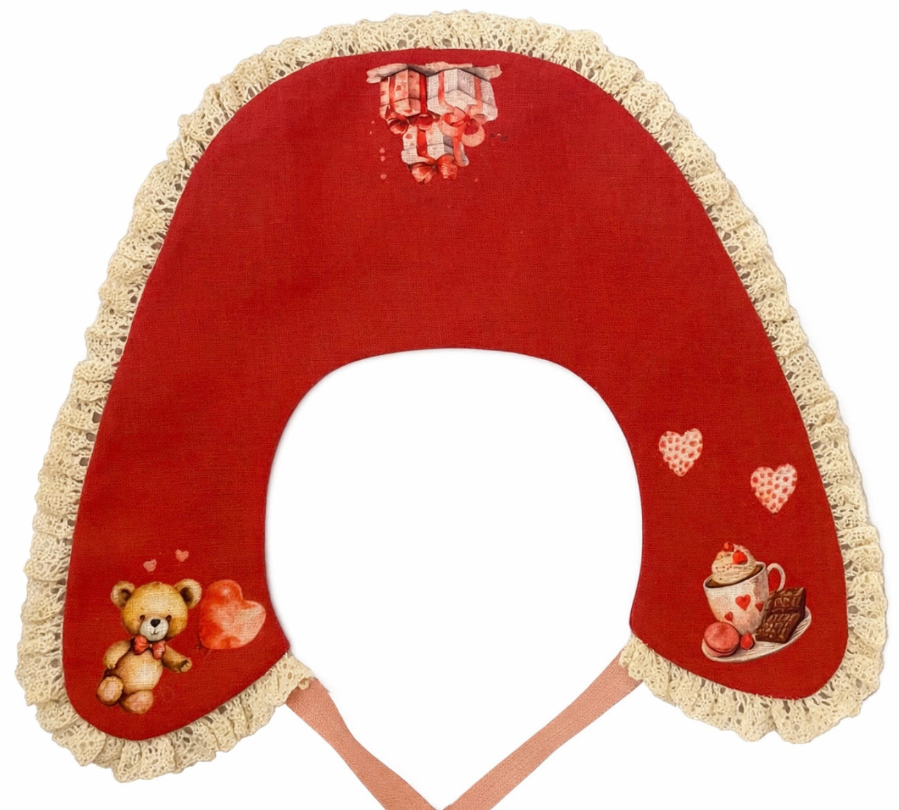Red linen collar with Valentine's Day teddy bears and hearts