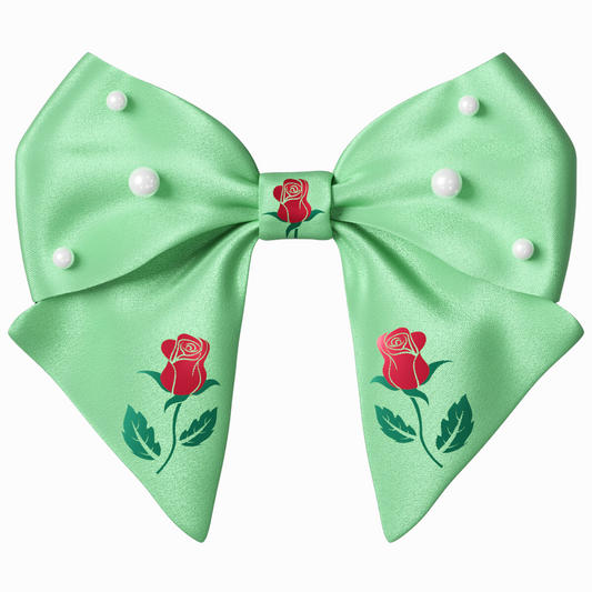 Green Hair Bow clip with Roses and Pearls