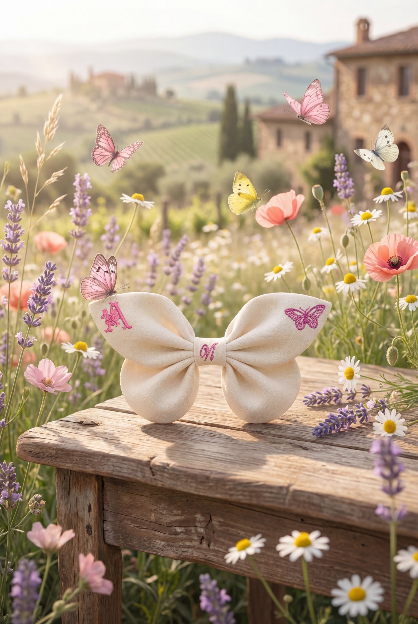 Fiocco in lino con ricamo farfalla e monogramma A,B, C ... Z. primavera