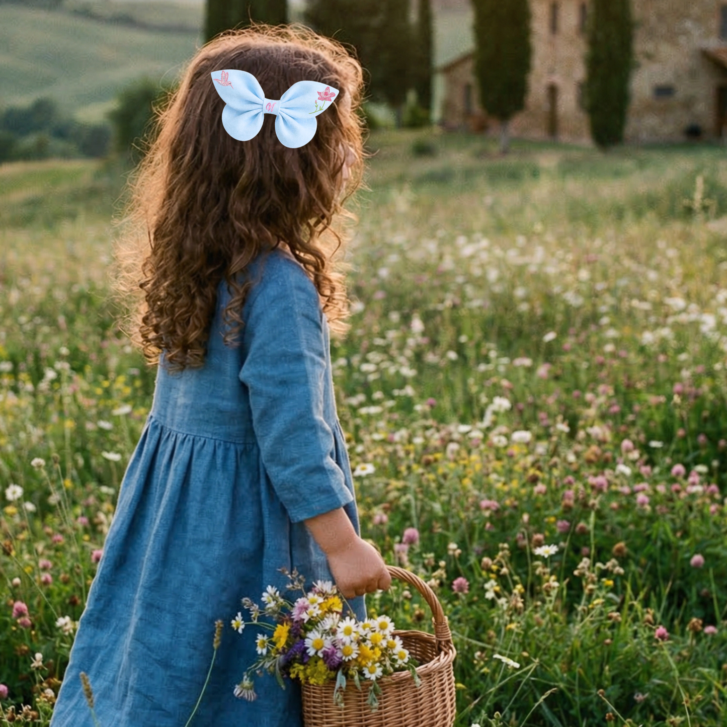 Fiocco in lino azzurro con ricamo colibrì e fiore. Fiori Incantati