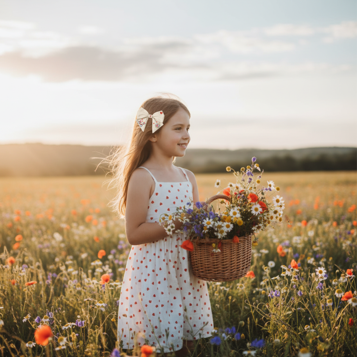 Leinenschleife mit Stickerei „Fahrrad und Blumen“. Valentinstag-Kollektion