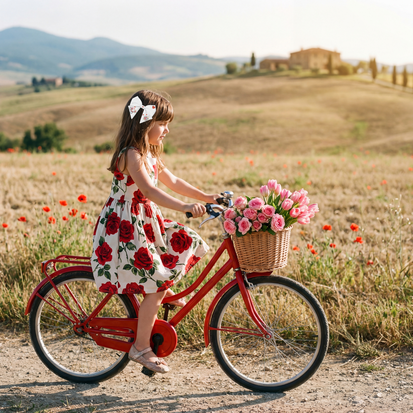 Fiocco in lino con ricamo “Bicicletta e fiori”. Collezione San Valentino