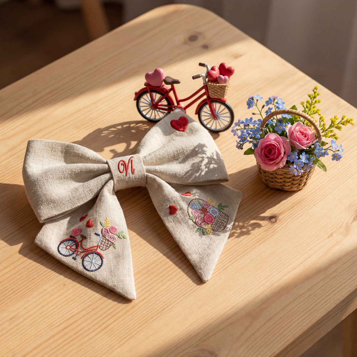 Leinenschleife mit Stickerei „Fahrrad und Blumen“. Valentinstag-Kollektion