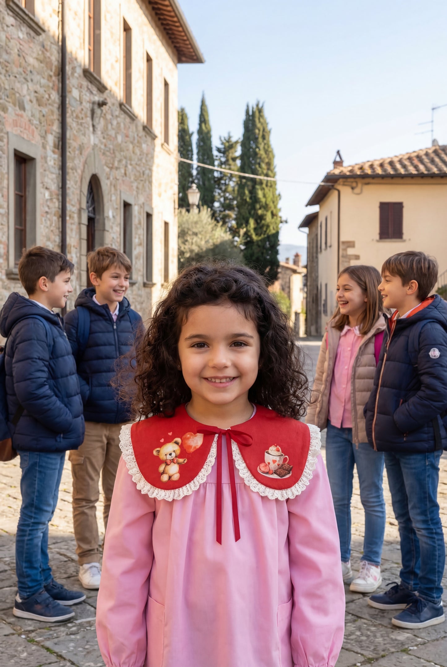 Red linen collar with Valentine's Day teddy bears and hearts