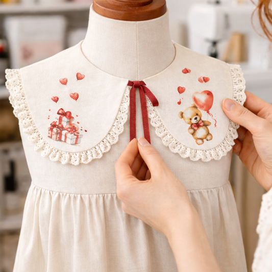 Zierkragen aus beigefarbenem Leinen mit Spitze und romantischem Valentinstagsmuster