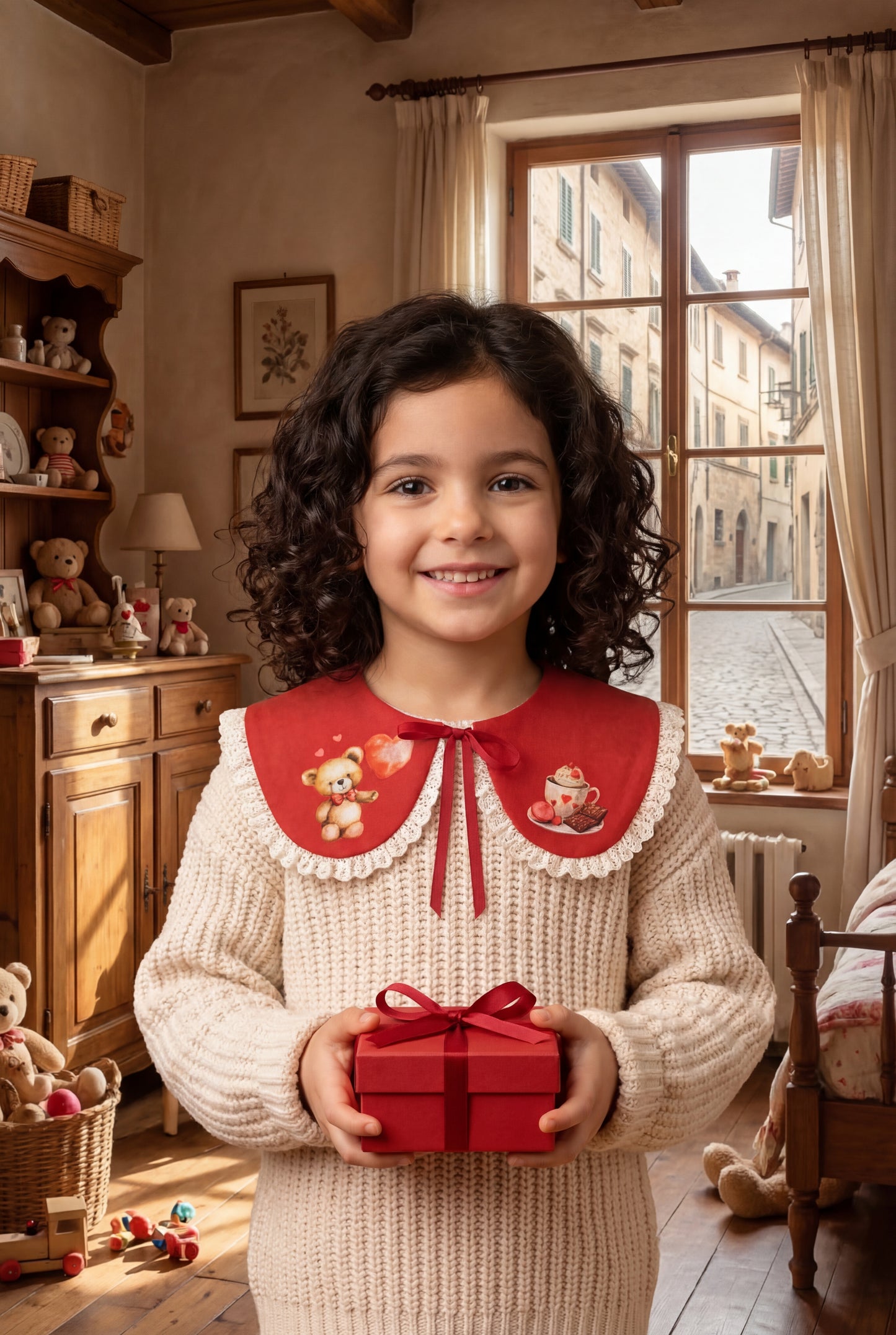 Red linen collar with Valentine's Day teddy bears and hearts