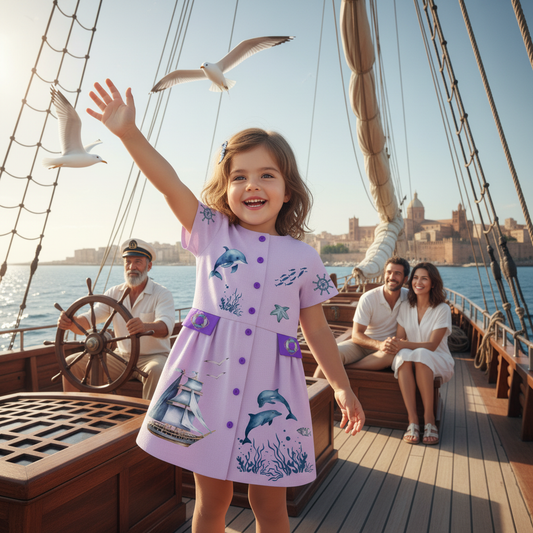 Abito in lino bambina VIADALINNO — stile marino con ricami